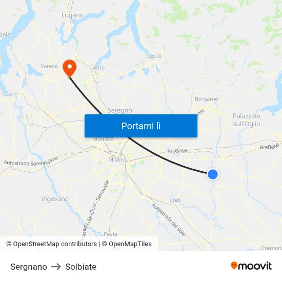 Sergnano to Solbiate map