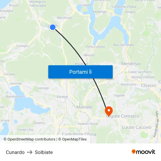 Cunardo to Solbiate map