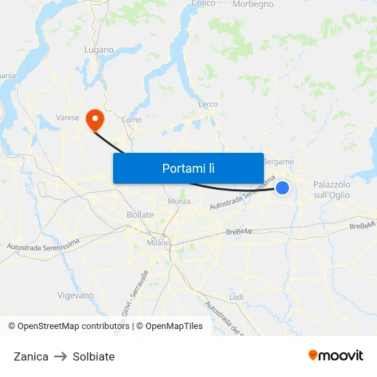 Zanica to Solbiate map