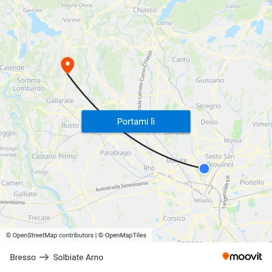 Bresso to Solbiate Arno map