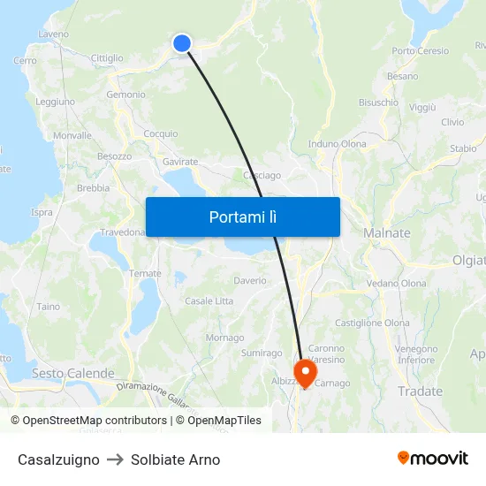 Casalzuigno to Solbiate Arno map