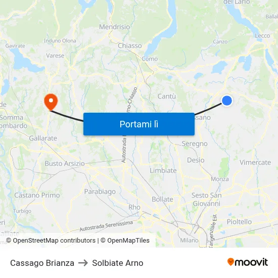 Cassago Brianza to Solbiate Arno map