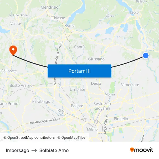 Imbersago to Solbiate Arno map