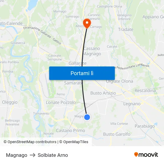 Magnago to Solbiate Arno map