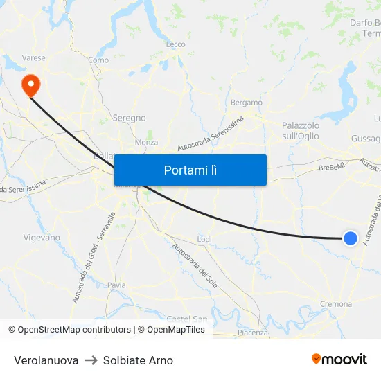 Verolanuova to Solbiate Arno map