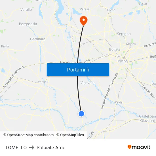 LOMELLO to Solbiate Arno map