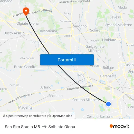 San Siro Stadio M5 to Solbiate Olona map