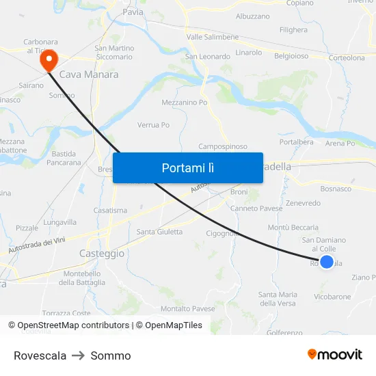 Rovescala to Sommo map