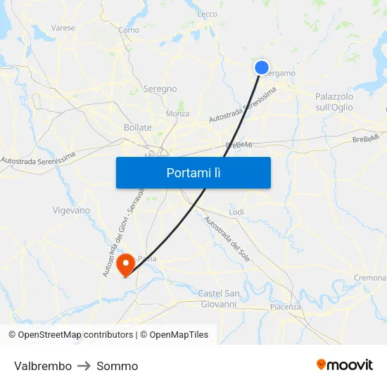 Valbrembo to Sommo map