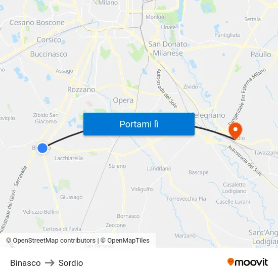 Binasco to Sordio map