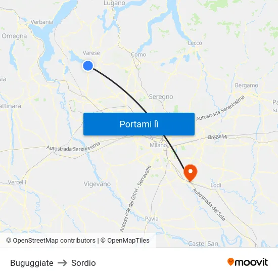 Buguggiate to Sordio map
