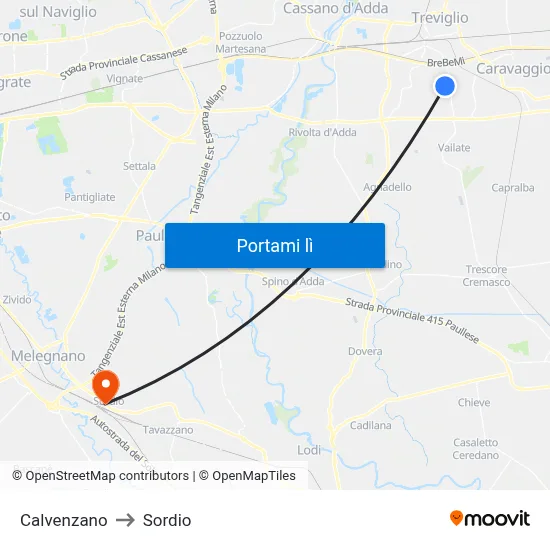 Calvenzano to Sordio map