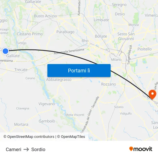 Cameri to Sordio map