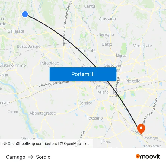 Carnago to Sordio map