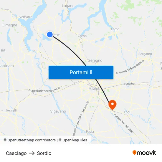 Casciago to Sordio map