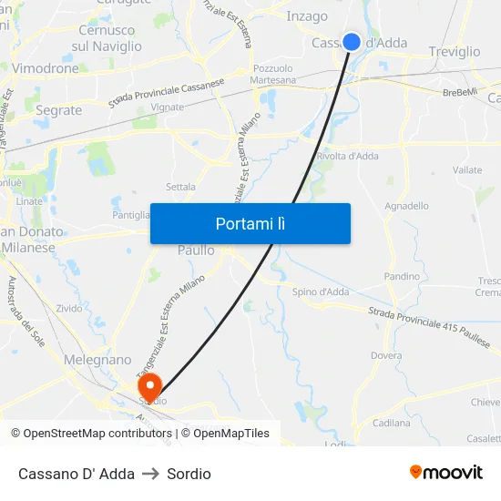 Cassano D' Adda to Sordio map