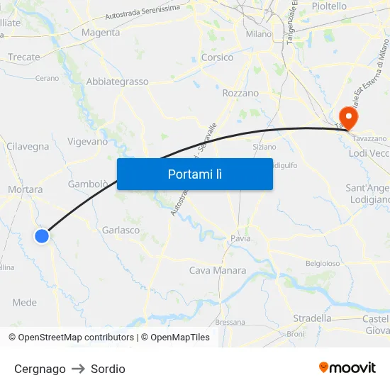 Cergnago to Sordio map