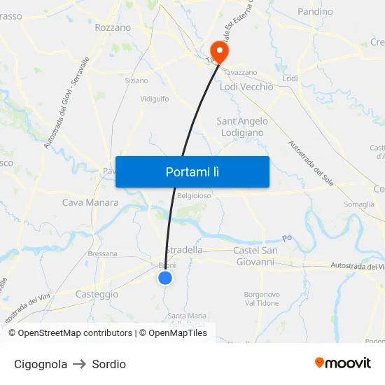 Cigognola to Sordio map