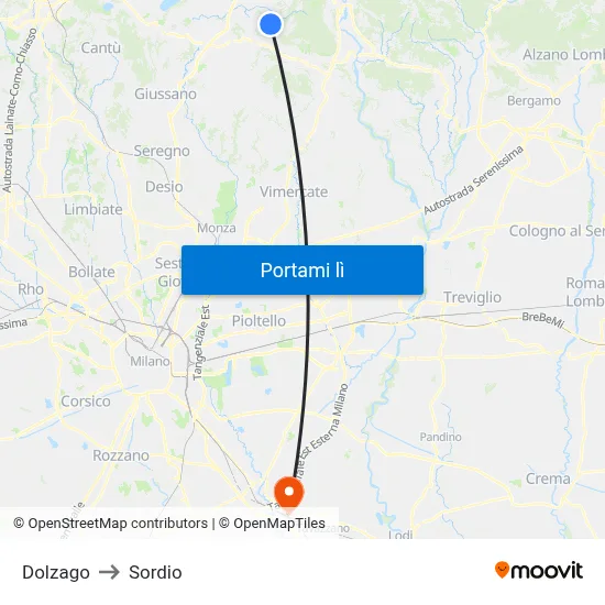 Dolzago to Sordio map