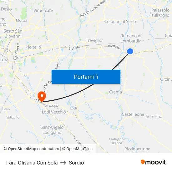 Fara Olivana Con Sola to Sordio map