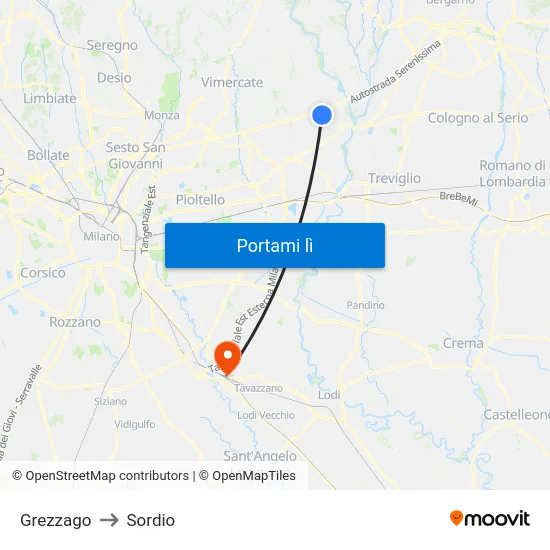 Grezzago to Sordio map