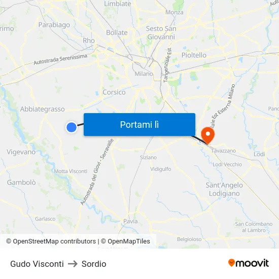 Gudo Visconti to Sordio map