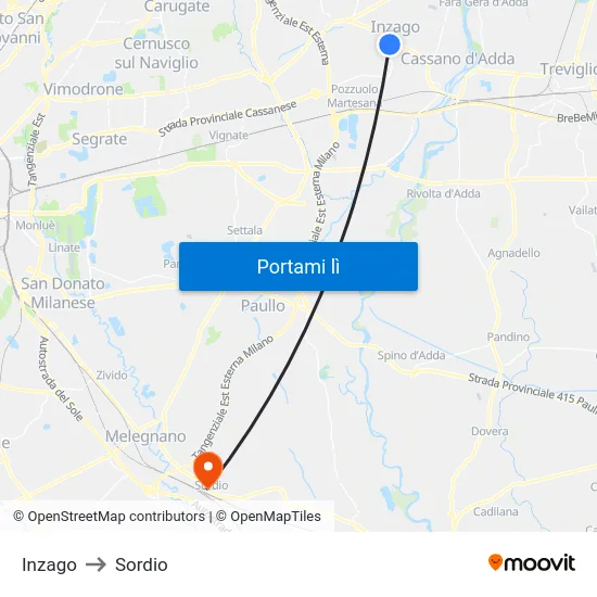 Inzago to Sordio map