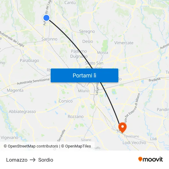 Lomazzo to Sordio map