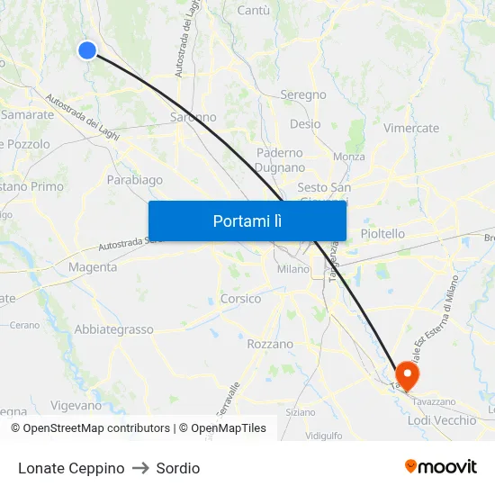 Lonate Ceppino to Sordio map