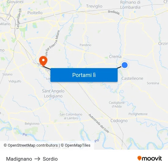 Madignano to Sordio map