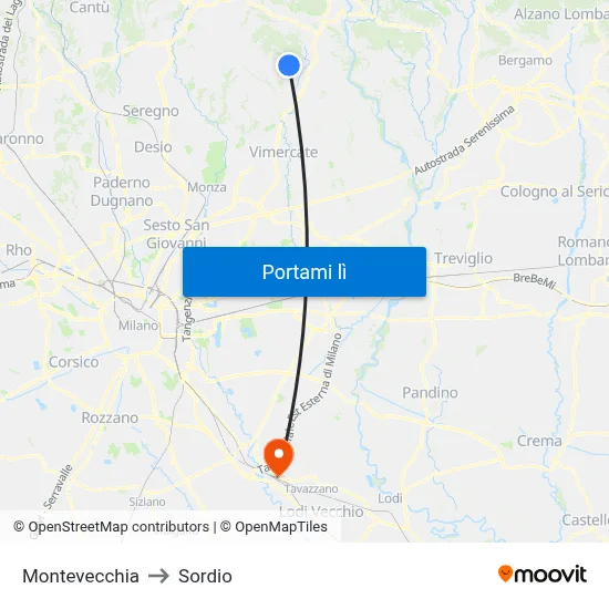 Montevecchia to Sordio map
