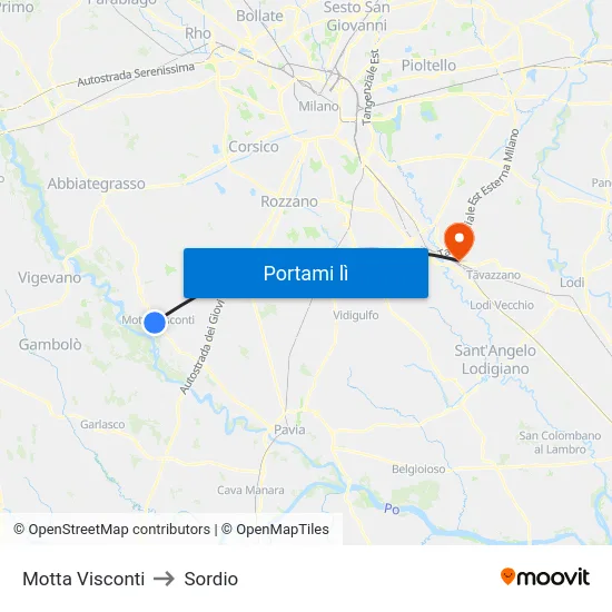 Motta Visconti to Sordio map