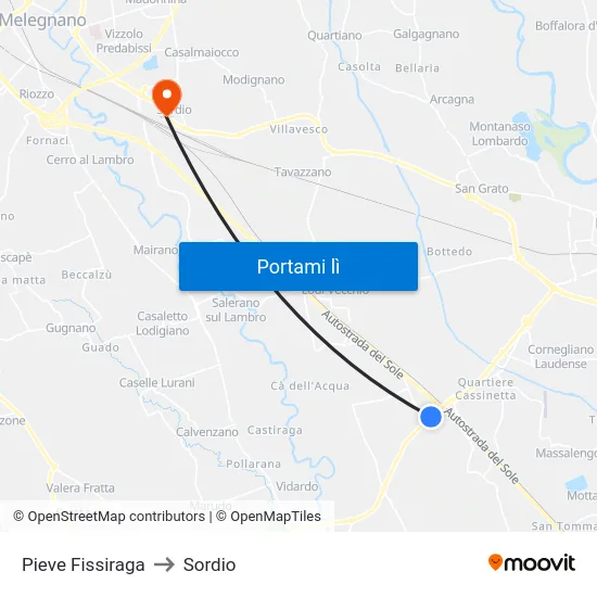 Pieve Fissiraga to Sordio map