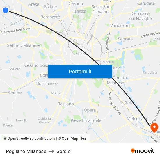 Pogliano Milanese to Sordio map