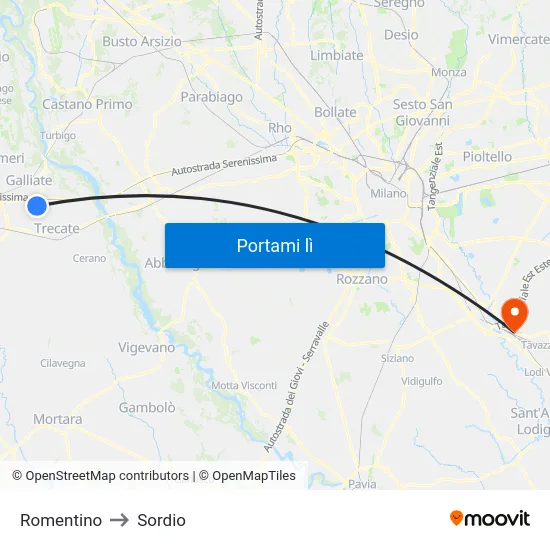 Romentino to Sordio map