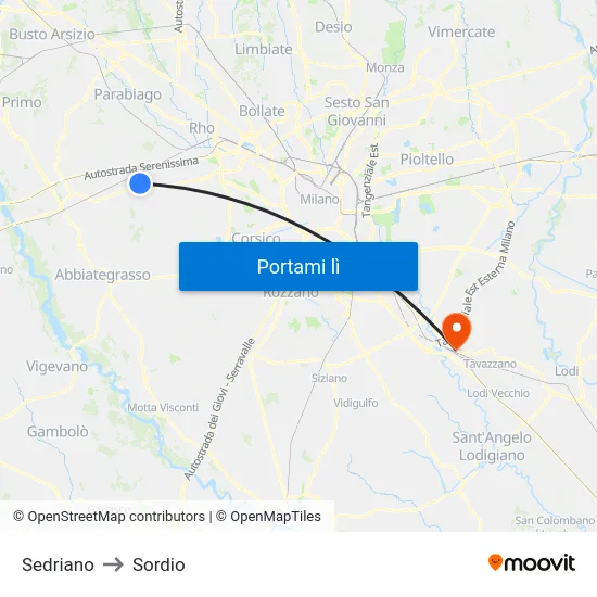 Sedriano to Sordio map