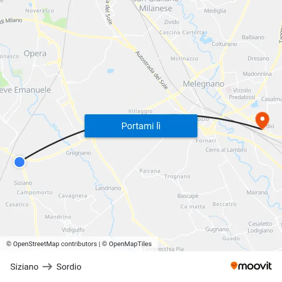 Siziano to Sordio map