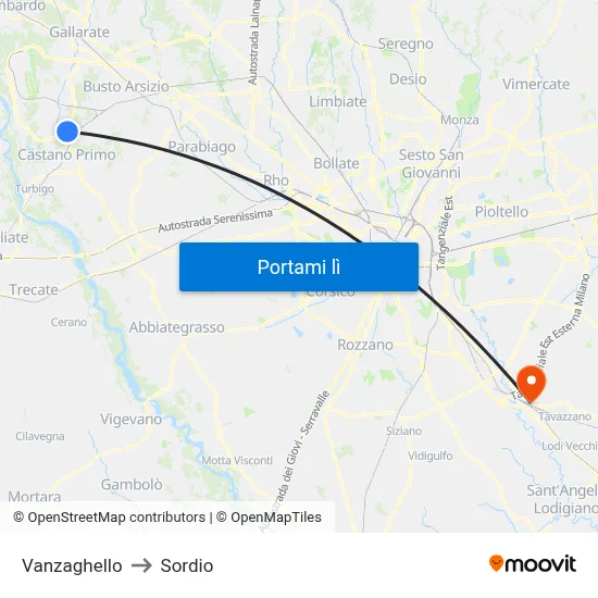 Vanzaghello to Sordio map