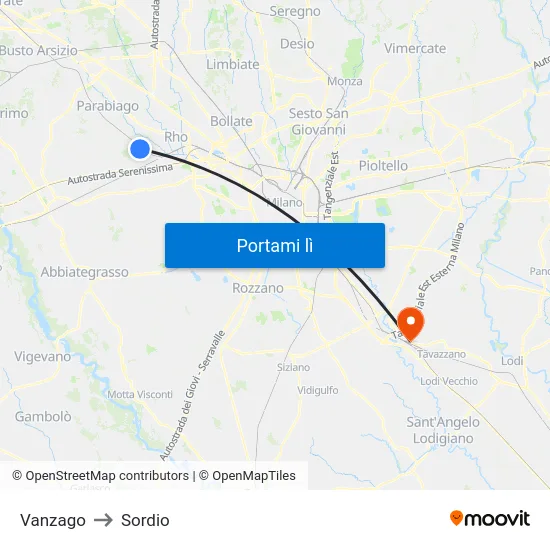 Vanzago to Sordio map