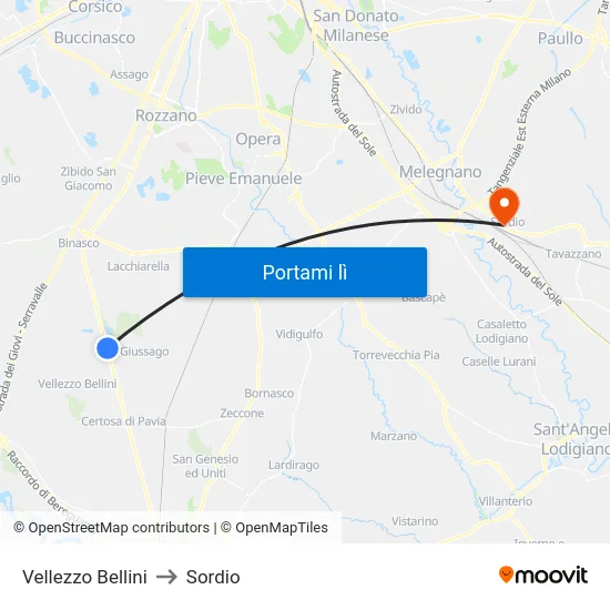 Vellezzo Bellini to Sordio map
