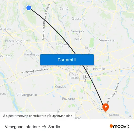 Venegono Inferiore to Sordio map
