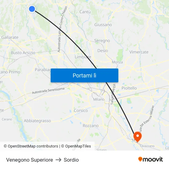 Venegono Superiore to Sordio map