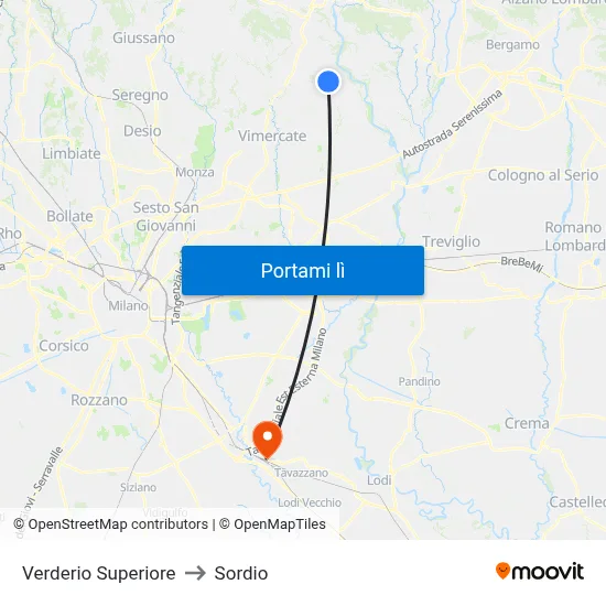 Verderio Superiore to Sordio map