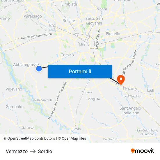 Vermezzo to Sordio map