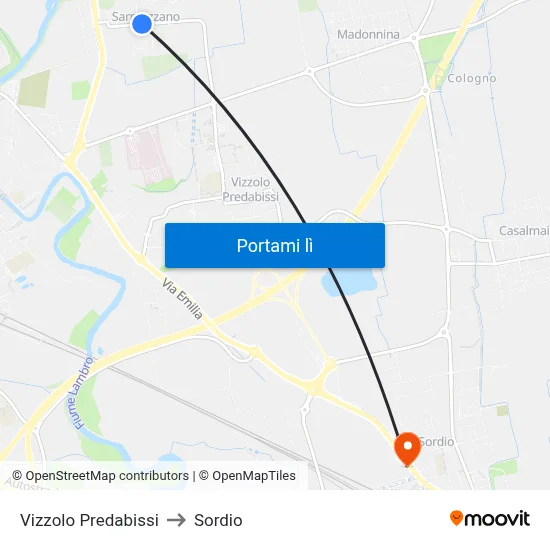 Vizzolo Predabissi to Sordio map