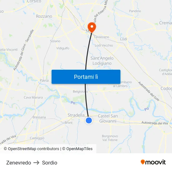 Zenevredo to Sordio map