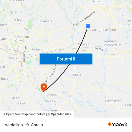 Verdellino to Sordio map