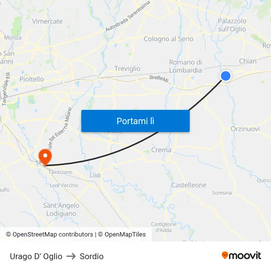 Urago D' Oglio to Sordio map