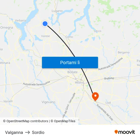 Valganna to Sordio map