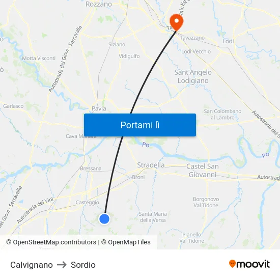 Calvignano to Sordio map